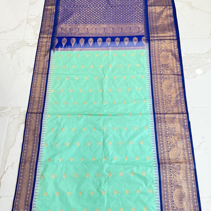 Pure handloom Gadwal semi-Silk Saree | Silk | Seagreen  with Ink Blue border