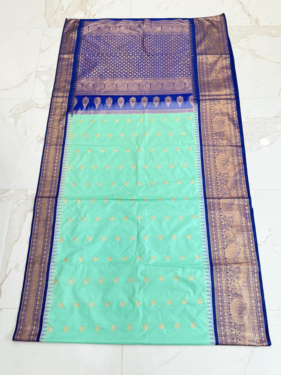 Pure handloom Gadwal semi-Silk Saree | Silk | Seagreen  with Ink Blue border