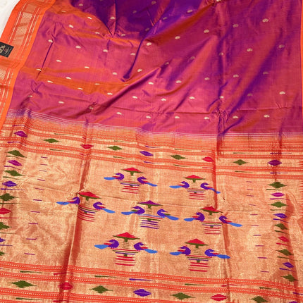 Authentic Maharani Paithani from Yeola| 100% handwoven Pure Silk saree in Magenta Color with light Deep Orange border|Silk Mark Certified
