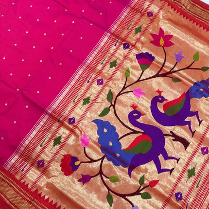 Authentic Maharani Paithani from Yeola| 100% handwoven Pure Silk saree in Rani pink with Red border|Silk Mark Certified