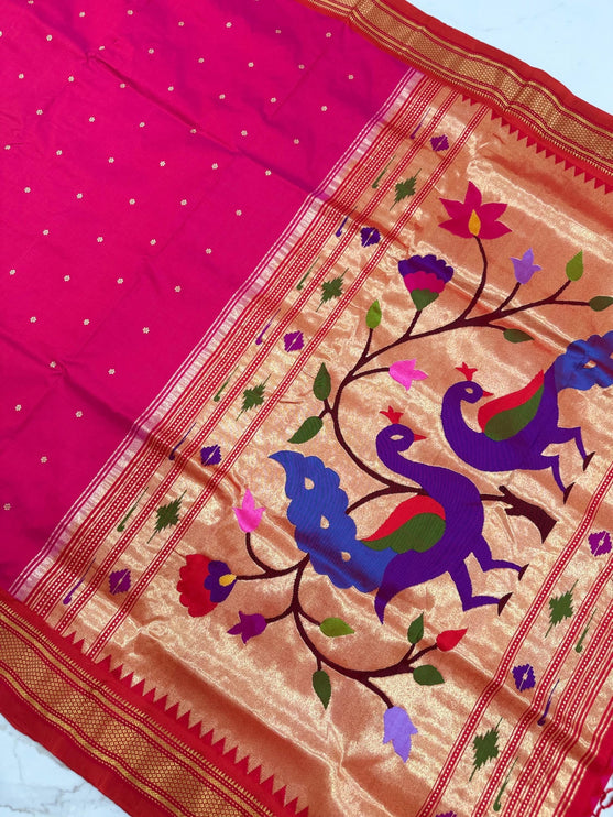Authentic Maharani Paithani from Yeola| 100% handwoven Pure Silk saree in Rani pink with Red border|Silk Mark Certified
