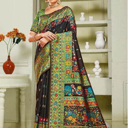 Kashmiri Gulistan Saree on Premium quality Cotton Silk |All over weaving | Black with Green  multicolor floral paisley