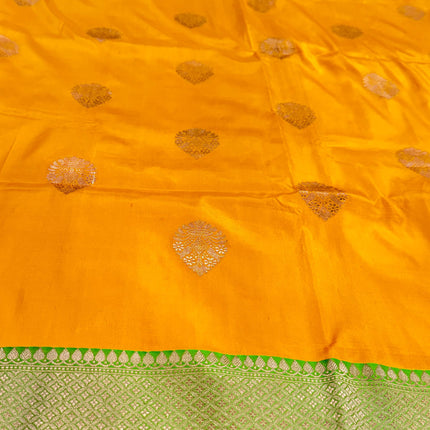 Pure Banarasi Kaduwa Silk Saree | Motifs weaving and bright yellow/light Pista  border | Hand Woven | Lock weaving| Silk Mark certified