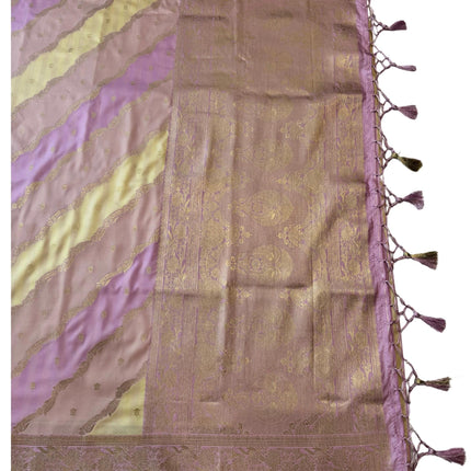 Banarasi Rangkat Silk Saree |Stripes small motif weaving all over|Lemon/Baby Pink/Light Lavender intricate border| fall pico tassels done