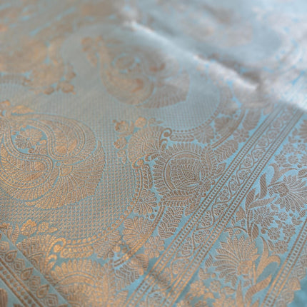 Banarasi Rangkat Silk Saree |Stripes small motif weaving all over | Aqua Blue/Grey/Light Lavender intricate border| fall pico tassels done