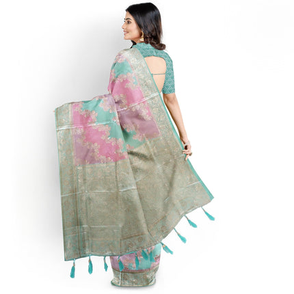 Banarasi satin silk saree  with Rangkat weaving all over the saree paired with satin silk blouse|Pista pink lavender
