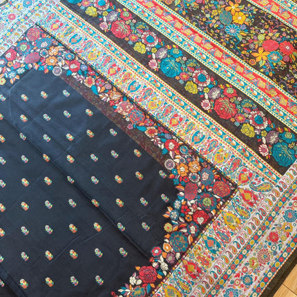 Kashmiri Gulistan Saree on Premium quality Cotton Silk |All over weaving | Black with Green  multicolor floral paisley