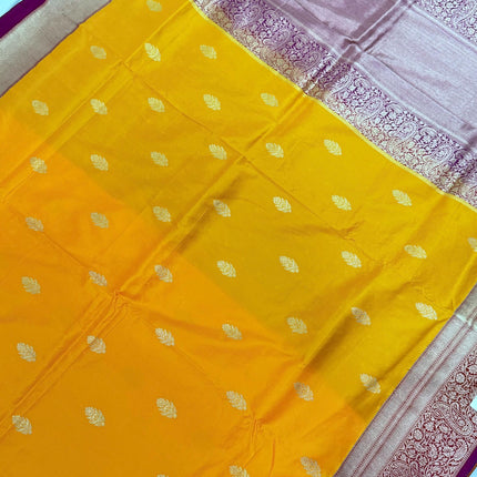 Pure Banarasi Kaduwa Silk Saree | Motifs weaving and bright yellow/magenta  border | Hand Woven | Lock weaving| Silk Mark certified