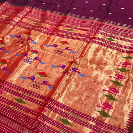 Authentic Maharani Paithani from Yeola| 100% handwoven Pure Silk saree in Maroon Color with light Deep Olive border|Silk Mark Certified