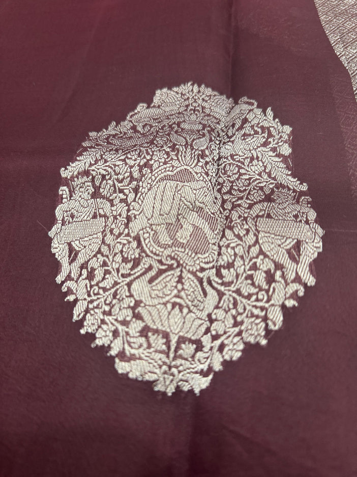 Deep wine  Banarasi Kora Organza Silk Saree With Motifs Pattern | SILK MARK CERTIFIED