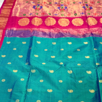 Authentic Kadiyal  Paithani from Yeola| Pure Silk saree in with Duel Rama/ Seagreen  Magenta border with Gold  border|Silk Mark Certified