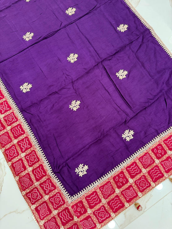 100% Pure Bandhani silk saree|Embroidered  handwork Saree/ Gharchola Pattern/ Purple color with Rani pink border /fall pico done