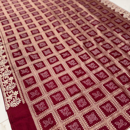 100% Pure Bandhani silk saree|Embroidered  handwork Saree/ Gharchola Pattern/ Maroon color /fall pico done