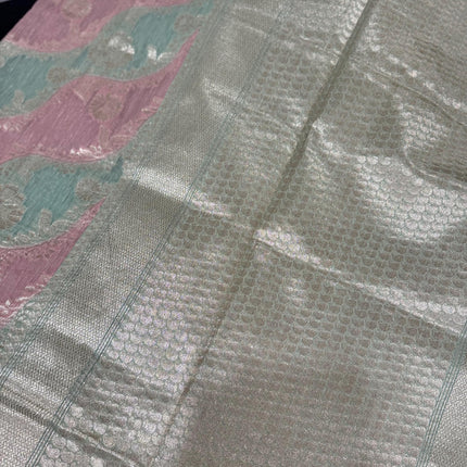 Handloom Banarasi Linen cotton saree  with Rangkat handloom weaving all over the saree | paired with  blouse | Pink/Pista light gold zari