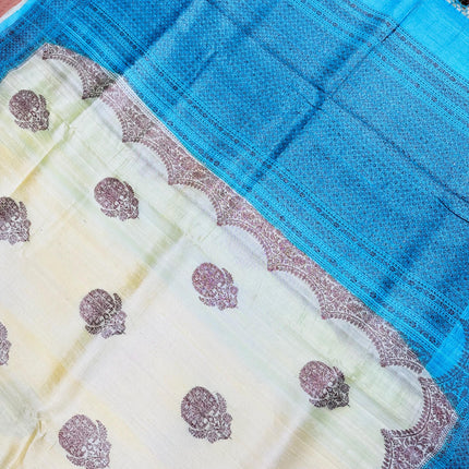 Pure Banarasi Kaduwa Tussar Silk Saree | Motifs weaving and Lemon with Sky blue  border | Hand Woven | Lock weaving| Silk Mark certified