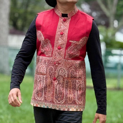 Kani pashmina Jamawar  MENS WOVEN Paisley waistcoats, structured slim fit |Red  foundation | Statement fashion wear| size 44,46,48