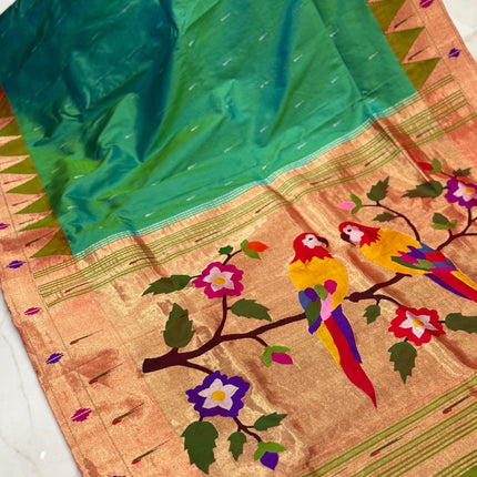 Authentic Designer Diamond shape Border Paithani from Yeola| Pure Silk saree in   with Seagreen  with Gold  border|Silk Mark Certified