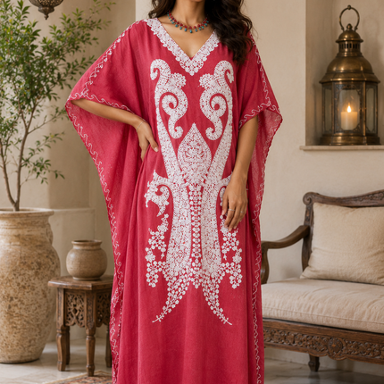 Cotton Aari Embroidered Kaftan | Kashmir Woven Artwear Statement Dress
