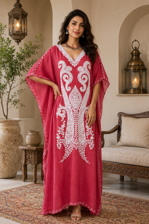 Cotton Aari Embroidered Kaftan | Kashmir Woven Artwear Statement Dress