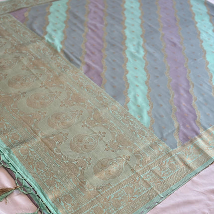 Banarasi Rangkat Silk Saree |Stripes small motif weaving all over | Light Pista/Light Lavender intricate border| fall pico tassels done