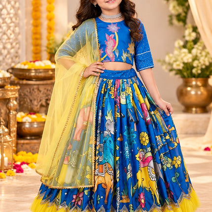 Kid girl blue printed lehenga set with yellow dupatta