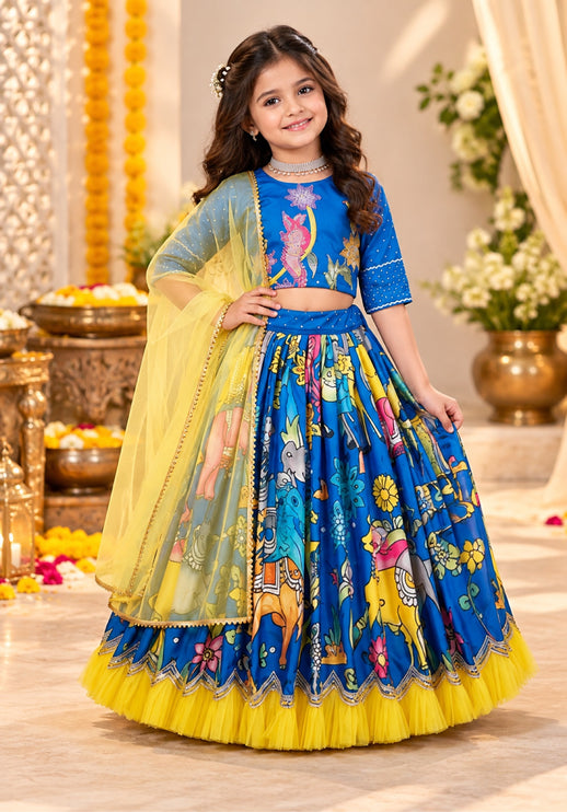 Kid girl blue printed lehenga set with yellow dupatta