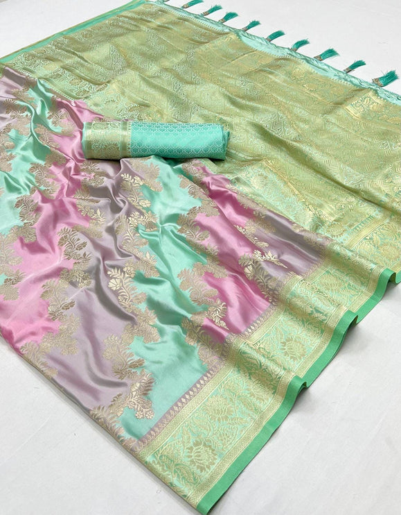 Banarasi satin silk saree  with Rangkat weaving all over the saree paired with satin silk blouse|Pista pink lavender
