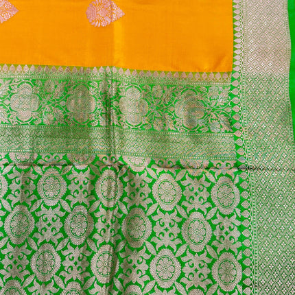 Pure Banarasi Kaduwa Silk Saree | Motifs weaving and bright yellow/light Pista  border | Hand Woven | Lock weaving| Silk Mark certified