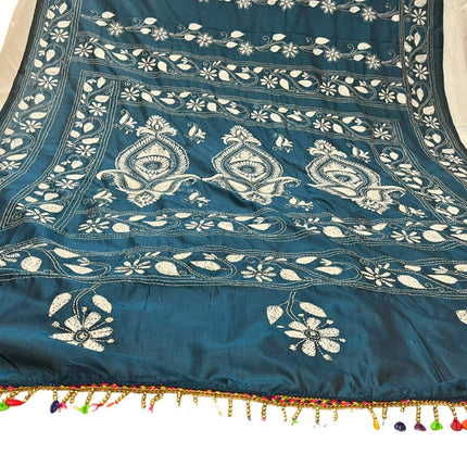 Hand Stitched Kantha Silk Saree | White Thread Kantha stitching | Village Art Work allover | Fall Pico Tassels done