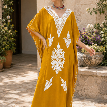 Cotton Aari Embroidered Kaftan | Kashmir Woven Artwear Statement Dress
