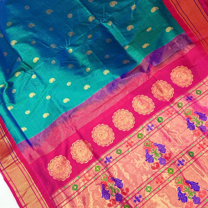 Authentic Kadiyal  Paithani from Yeola| Pure Silk saree in with Duel Rama/ Seagreen  Magenta border with Gold  border|Silk Mark Certified