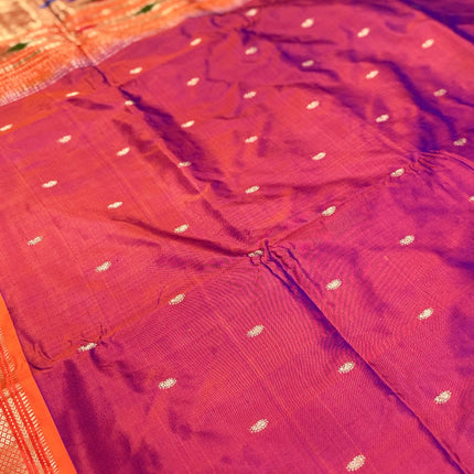 Authentic Maharani Paithani from Yeola| 100% handwoven Pure Silk saree in Magenta Color with light Deep Orange border|Silk Mark Certified