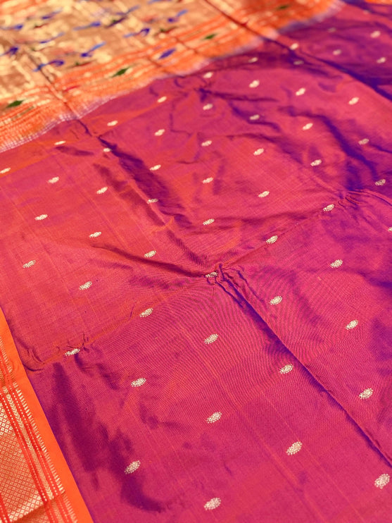 Authentic Maharani Paithani from Yeola| 100% handwoven Pure Silk saree in Magenta Color with light Deep Orange border|Silk Mark Certified