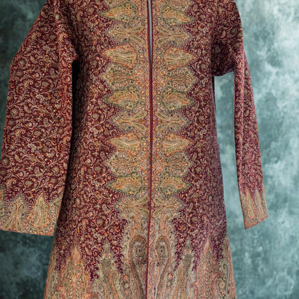 Luxury Kani/Jamawar wool jari Ladies Jacket | woven Kashmir Artwear | Statement fashion wear | all season Dresses|long maroon| size 40