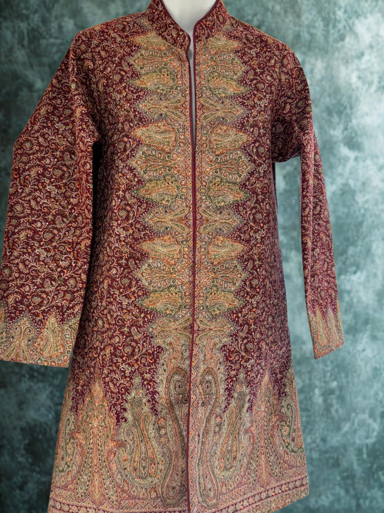 Luxury Kani/Jamawar wool jari Ladies Jacket | woven Kashmir Artwear | Statement fashion wear | all season Dresses|long maroon| size 40