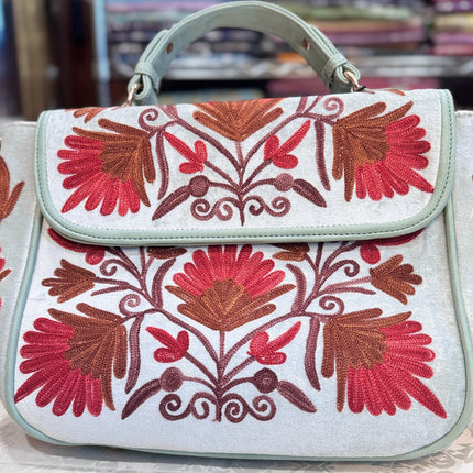 Kashmiri Embroidered Aari work Handbags | short handle | Large Sling Shoulder velvet | suede leather
