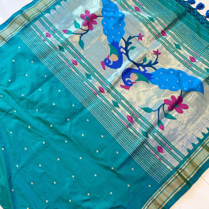 Authentic Maharani Paithani from Yeola| 100% handwoven Pure Silk saree in Seagreen  with light Rama border|Silk Mark Certified