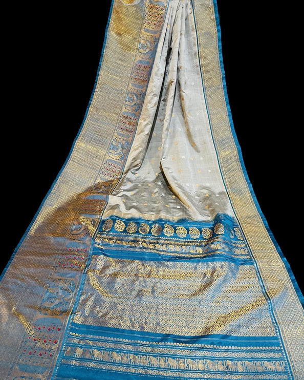 Pure handloom Gadwal Silk Saree | 100% Pure Silk | Silk Mark Certified | Steel Grey with Firozi Blue border
