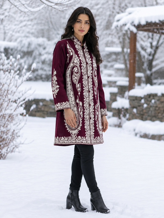 Kashmiri Wool Jacket | Handwoven Embroidered Artwear, Size 44