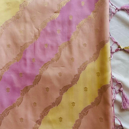 Banarasi Rangkat Silk Saree |Stripes small motif weaving all over|Lemon/Baby Pink/Light Lavender intricate border| fall pico tassels done