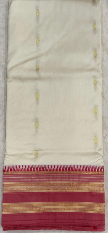 Original Narayan Peth Silk Saree from Yeola(With Unstitched Blouse Piece) - Pearle white | Carrot Red Border Pallu
