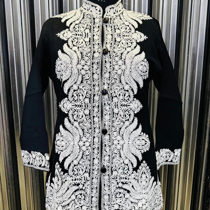 Vintage Kashmir Embroidered Black and White Wool Jacket|Heap length| size L