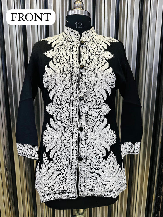 Vintage Kashmir Embroidered Black and White Wool Jacket|Heap length| size L
