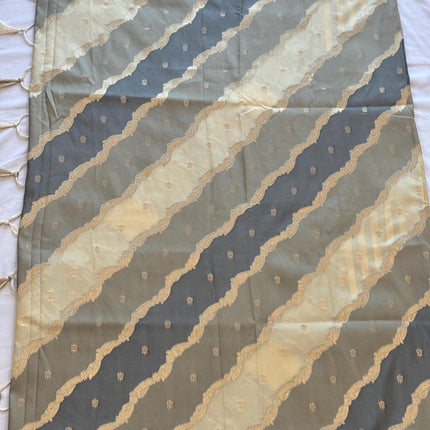 Banarasi Rangkat Silk Saree |Stripes/ small motif weaving all over the saree | Grey/ Beige /with  light golden intricate border