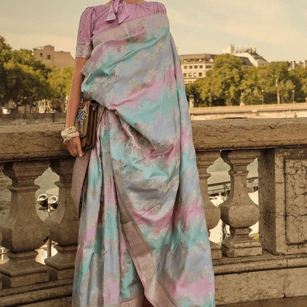 Handloom Banarasi satin silk saree  with Rangkat handloom weaving all over the saree | paired with satin silk blouse | Pink Powder Blue Gray