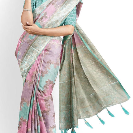 Banarasi satin silk saree  with Rangkat weaving all over the saree paired with satin silk blouse|Pista pink lavender