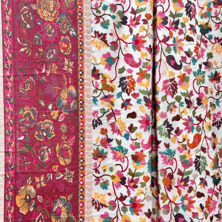 KASHMIRI KALAMKARI Full Handloom embroidered Pashmina Silk Saree - Authentic Kashmiri Kalamkari work - Ivory/ Maroon