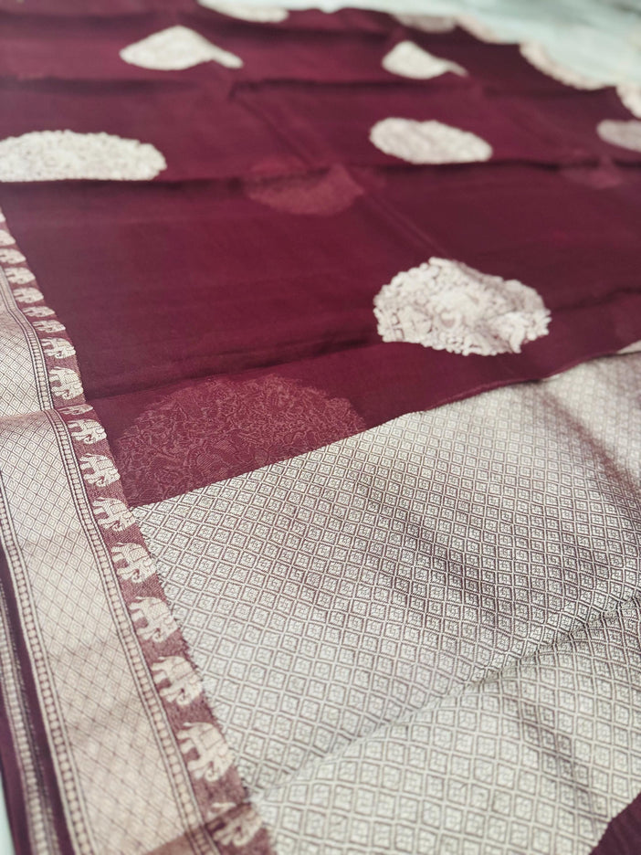 Deep wine  Banarasi Kora Organza Silk Saree With Motifs Pattern | SILK MARK CERTIFIED