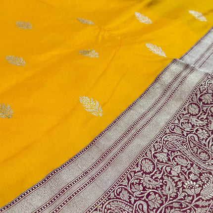 Pure Banarasi Kaduwa Silk Saree | Motifs weaving and bright yellow/magenta  border | Hand Woven | Lock weaving| Silk Mark certified