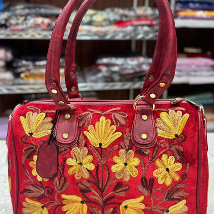 Kashmiri Embroidered Aari work Handbags | short handle | Large Sling Shoulder velvet | suede leather